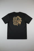 Black t-shirt with a detailed graphic design on a plain background