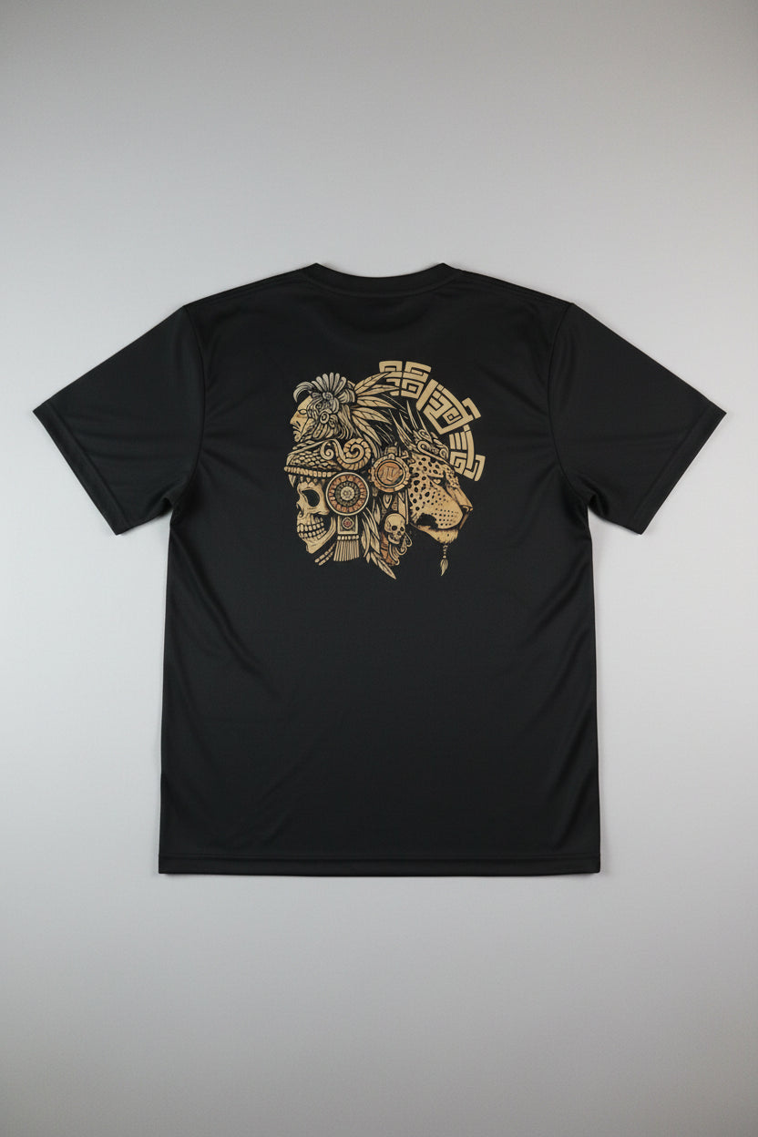 Black t-shirt with a detailed graphic design on a plain background