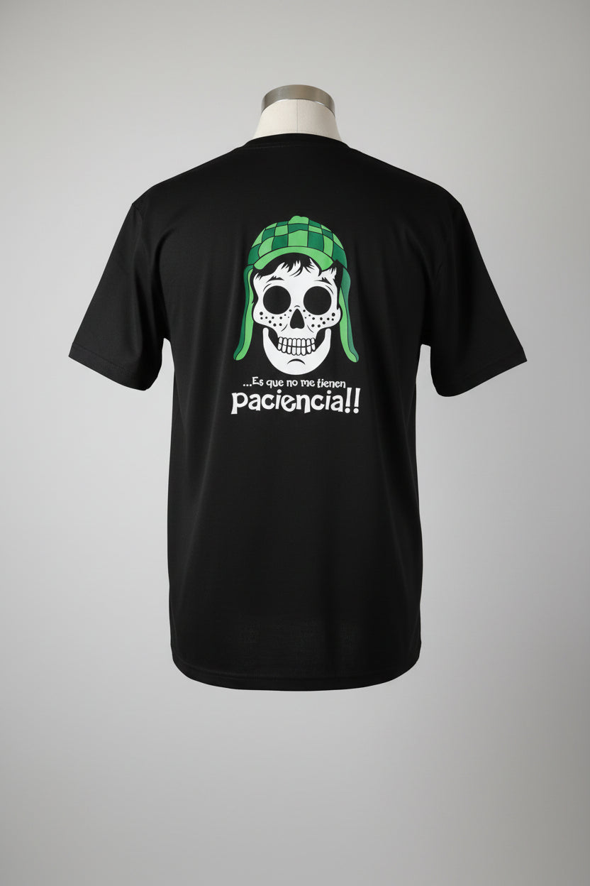 Black t-shirt with a skull design and text on a plain background